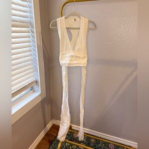 Free People White Linen Wrap Tank XS Deep V Tie Waist Boho $78